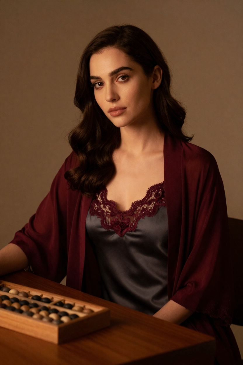 Fictional 28-year-old woman, dark chestnut hair in long polished waves over one shoulder, fair skin with